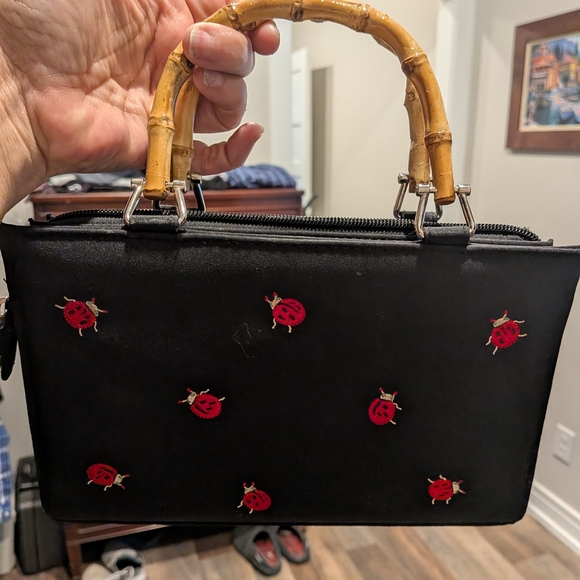 can't Handbags - Hand Embroidery Ladybugs Black Canvas Real Bamboo Handle